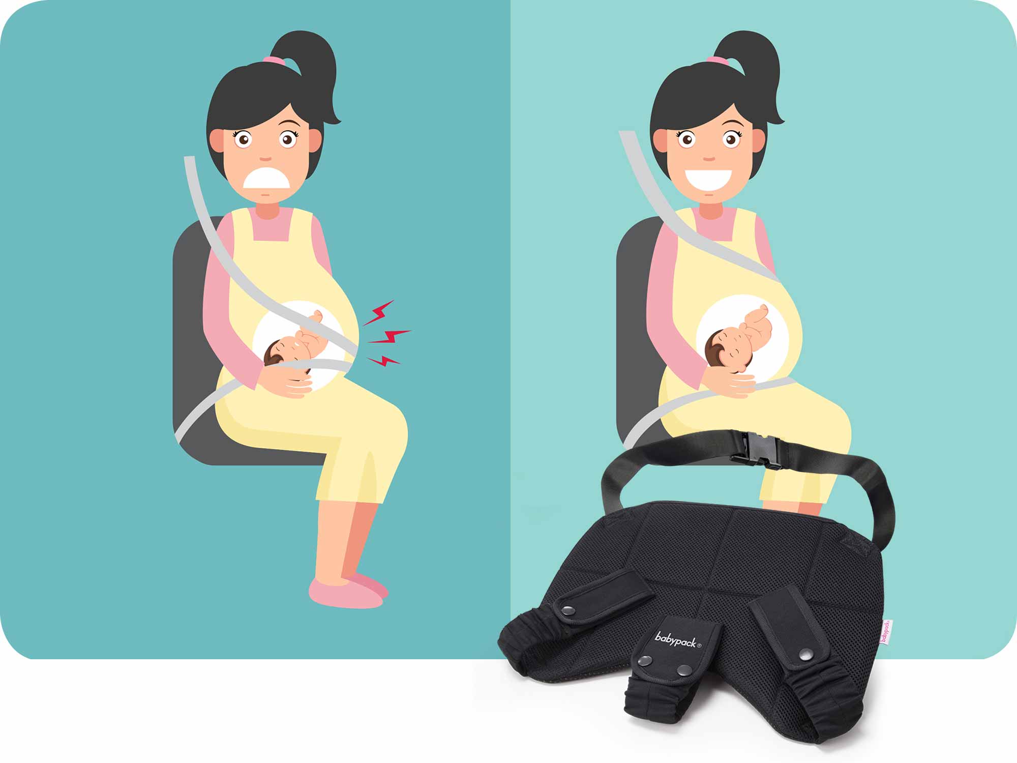 Babypack pregnant safety belt. Holds the car belt positioning over the part of the belly. 