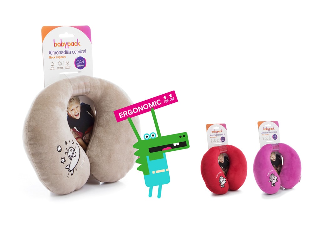 Babypack Neck support with ergonomic narrow neck. Available in red, pink and beige.