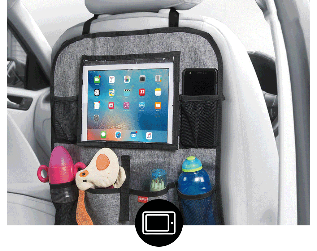 Car seat organizer with transparent pocket. Enjoy your tablet while travelling.