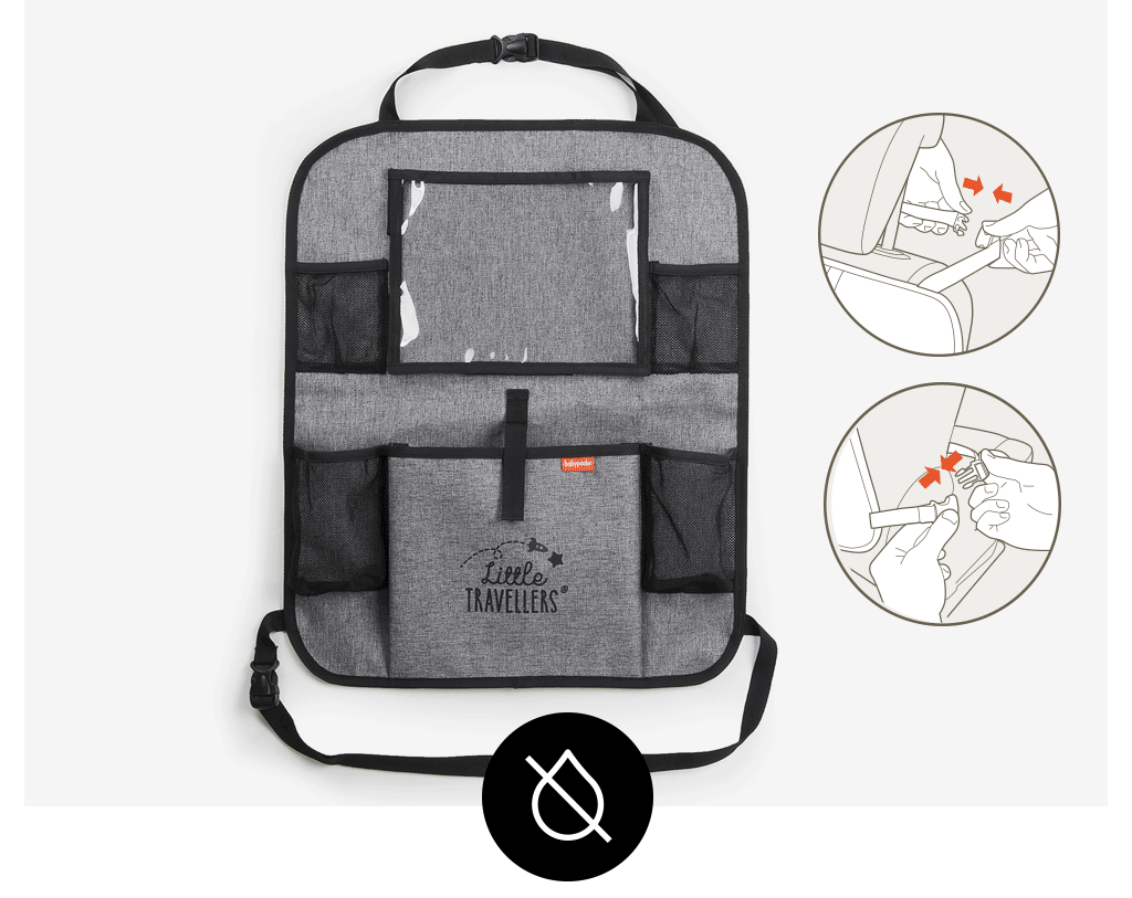 Car seat organizer. Everything tidy and at hand all day.